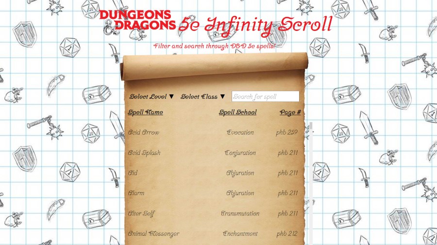 A screenshot of Mark's project, Dungeons & Dragons Infinity Scroll